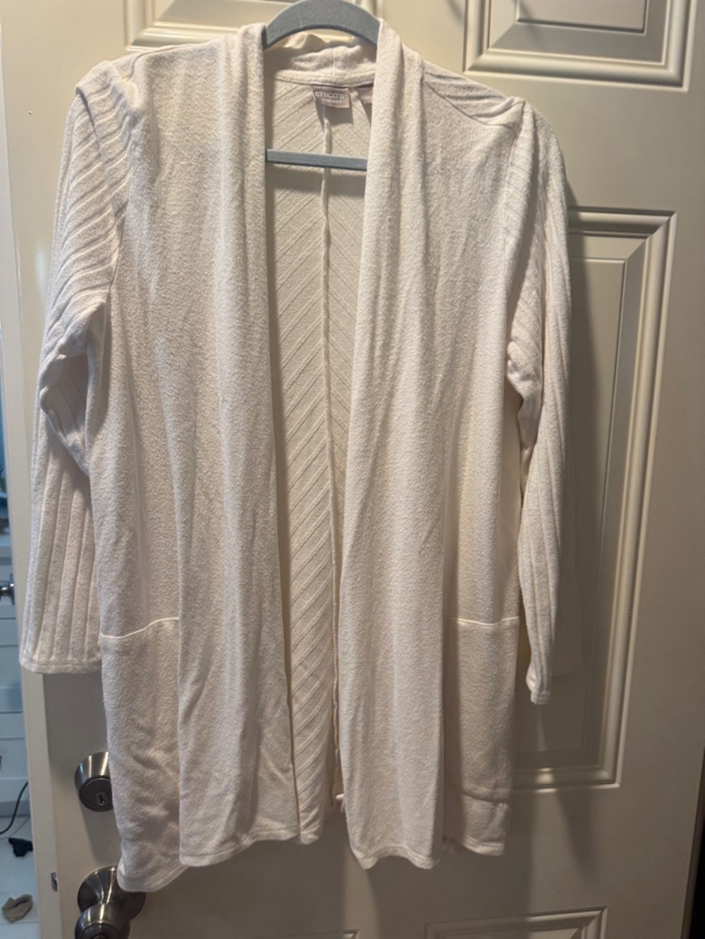 Chico's Ivory Open-Front Ribbed Sleeve Cardigan